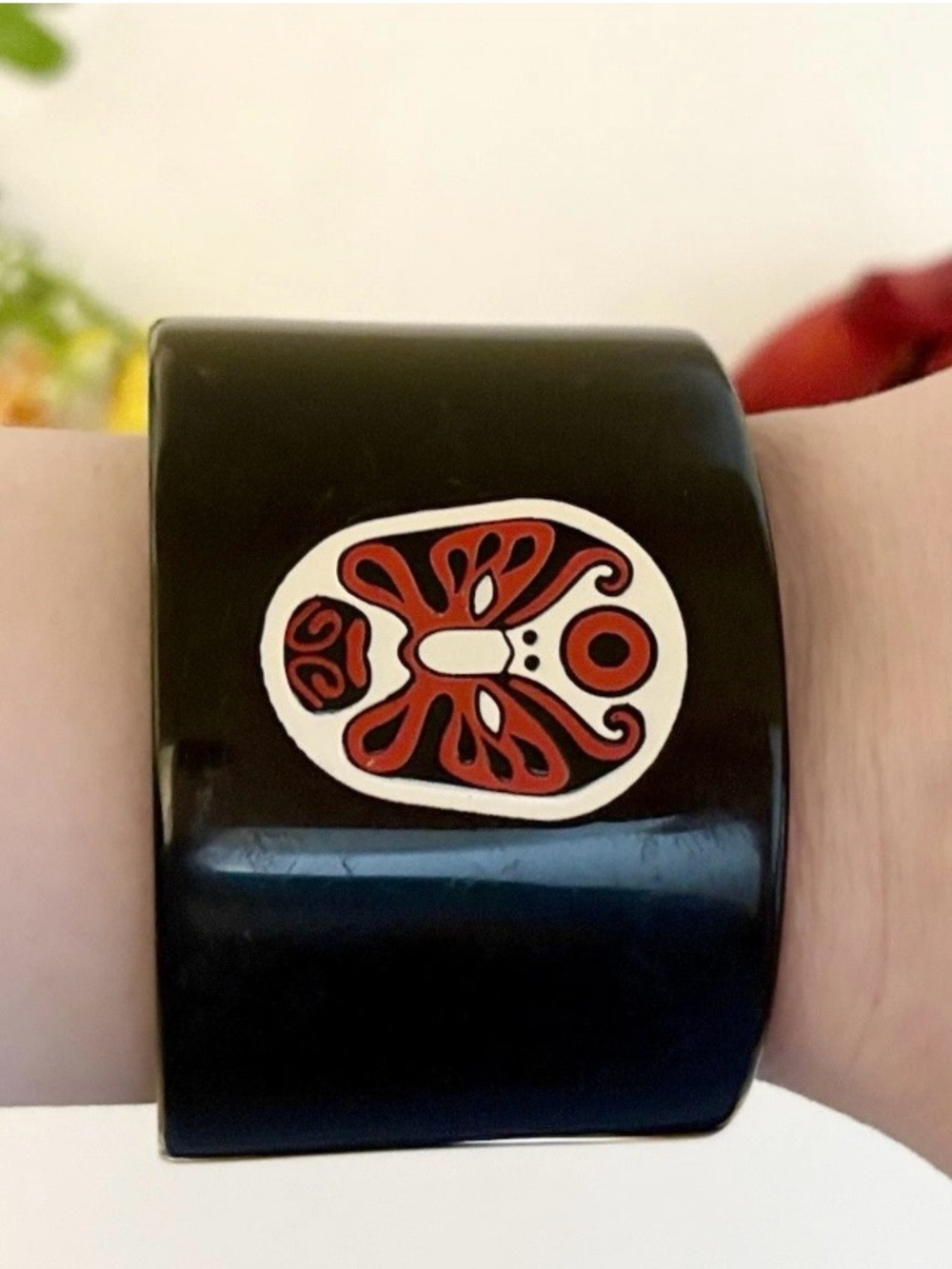 Shanghai Tang Red Abstract Butterfly Designer Cuff Bangle Wide Black Bracelet